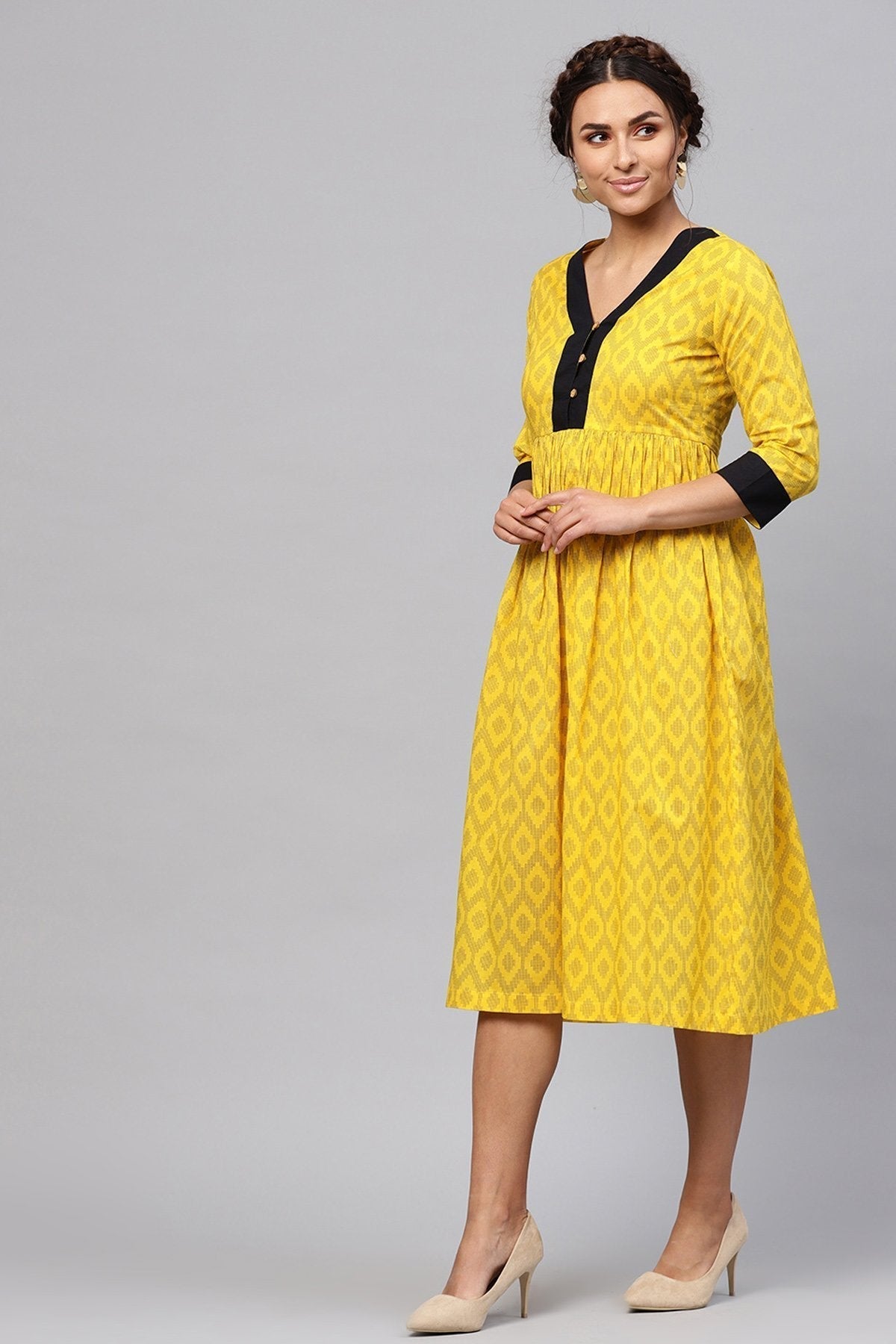 Women's Black & Yellow Ikat Gathered Waist Dress