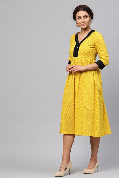 Women's Black & Yellow Ikat Gathered Waist Dress