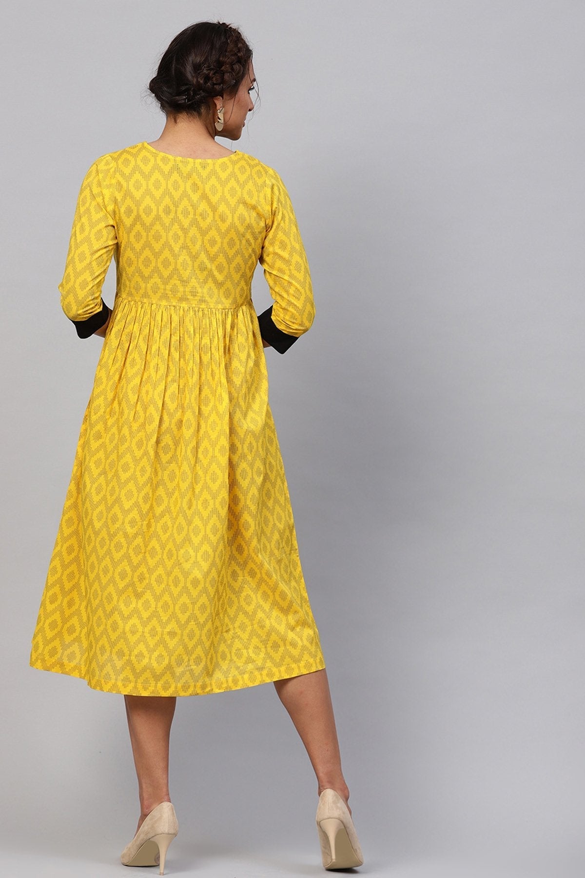 Women's Black & Yellow Ikat Gathered Waist Dress