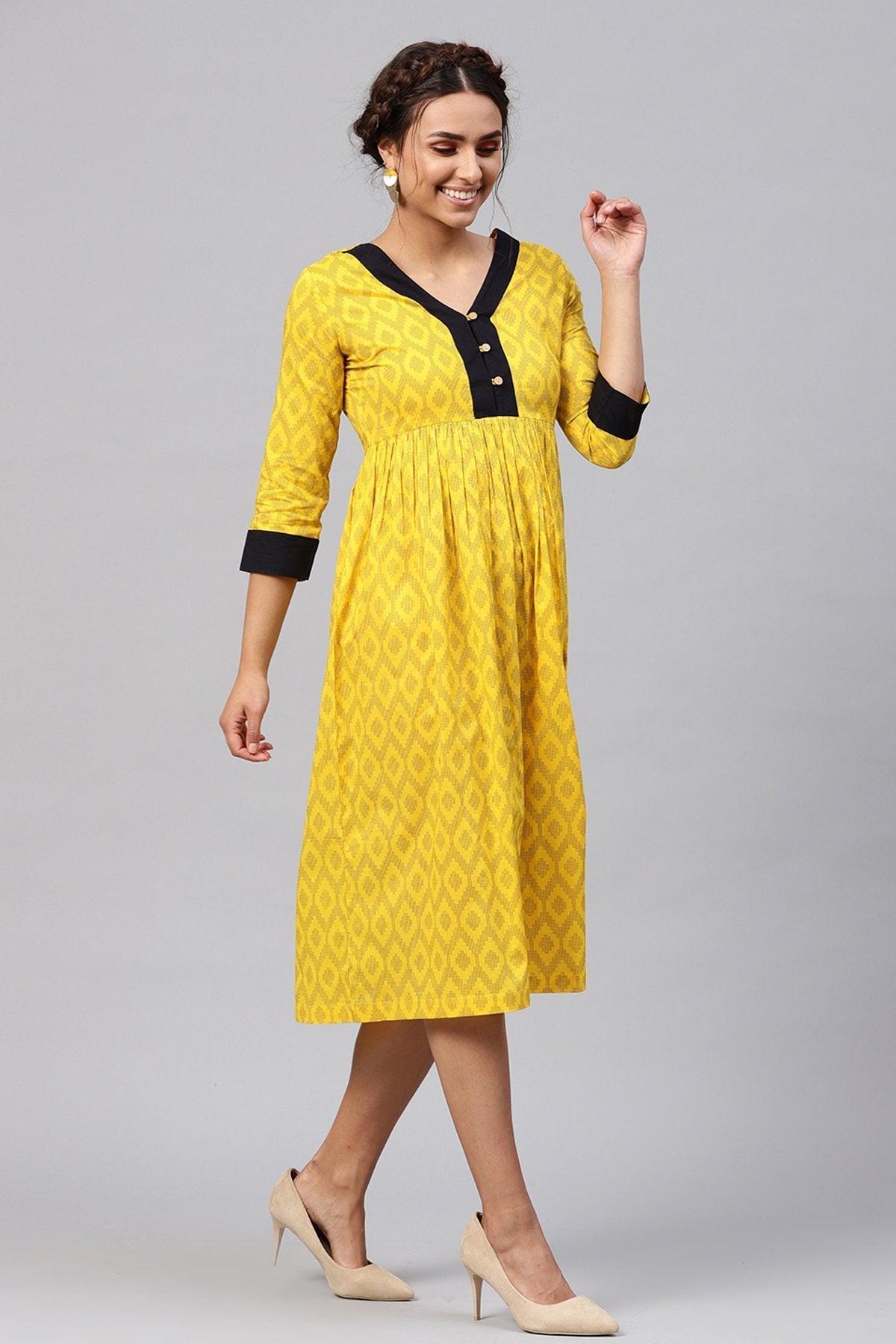 Women's Black & Yellow Ikat Gathered Waist Dress