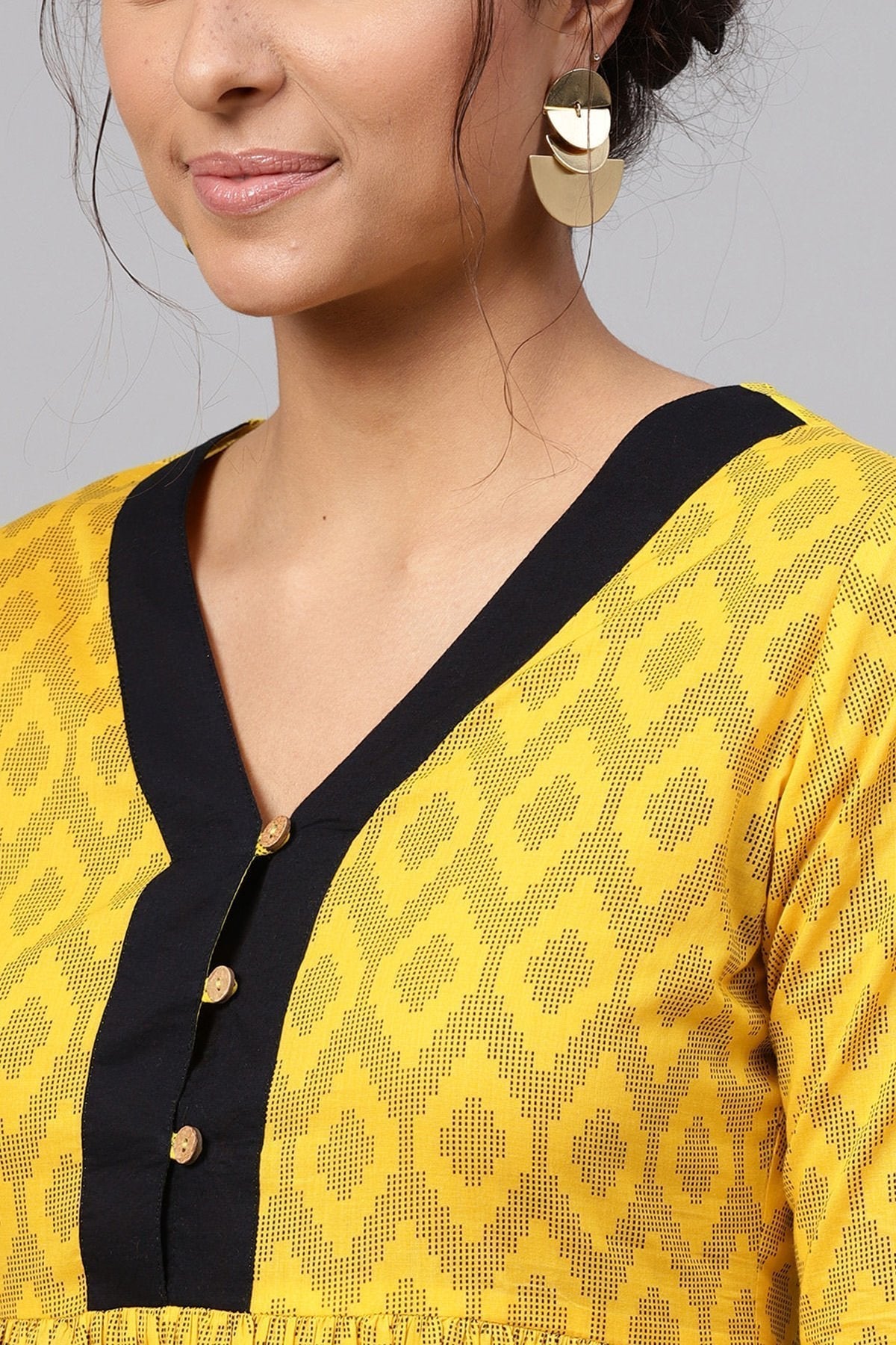 Women's Black & Yellow Ikat Gathered Waist Dress