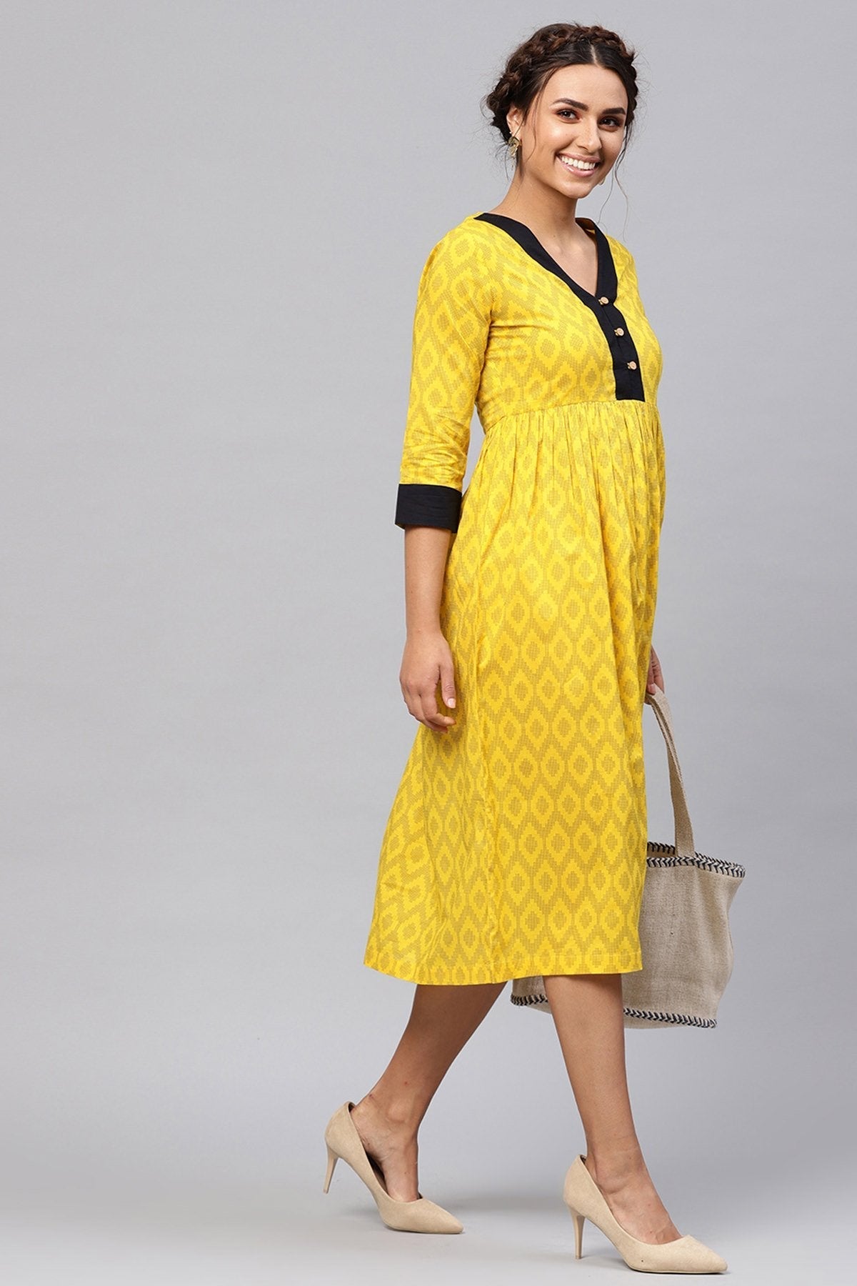 Women's Black & Yellow Ikat Gathered Waist Dress