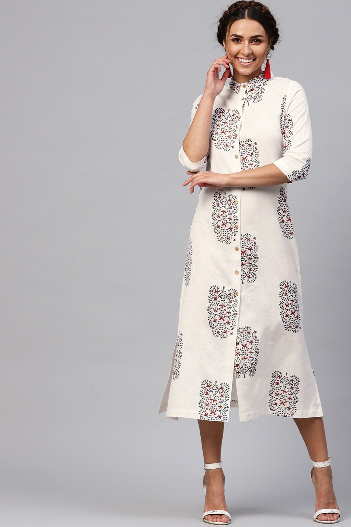 Women's White Bird Print Collared Shirt Maxi