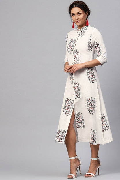 Women's White Bird Print Collared Shirt Maxi