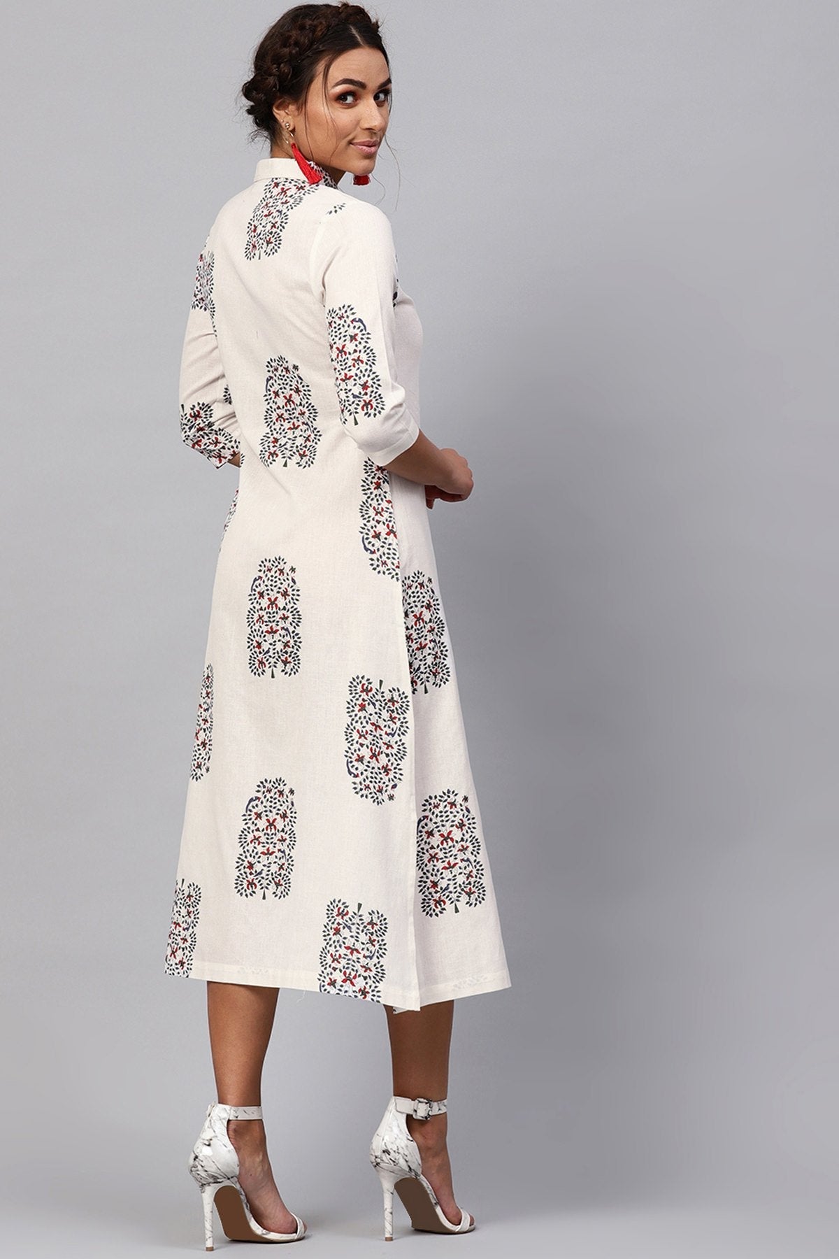 Women's White Bird Print Collared Shirt Maxi
