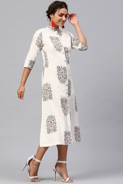 Women's White Bird Print Collared Shirt Maxi