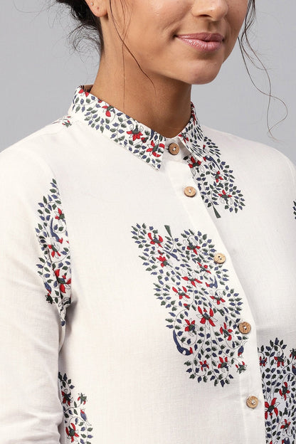 Women's White Bird Print Collared Shirt Maxi