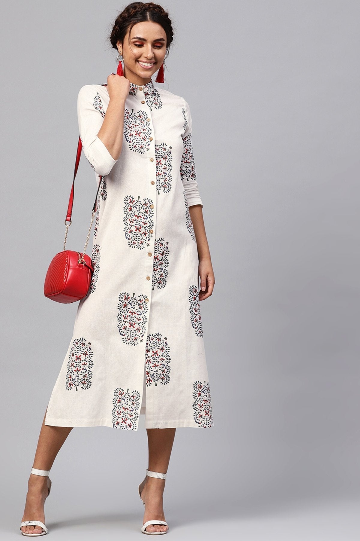 Women's White Bird Print Collared Shirt Maxi