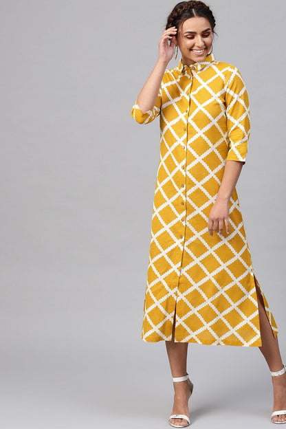 Women's Yellow & White Diamond Collared Shirt Maxi