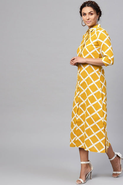 Women's Yellow & White Diamond Collared Shirt Maxi