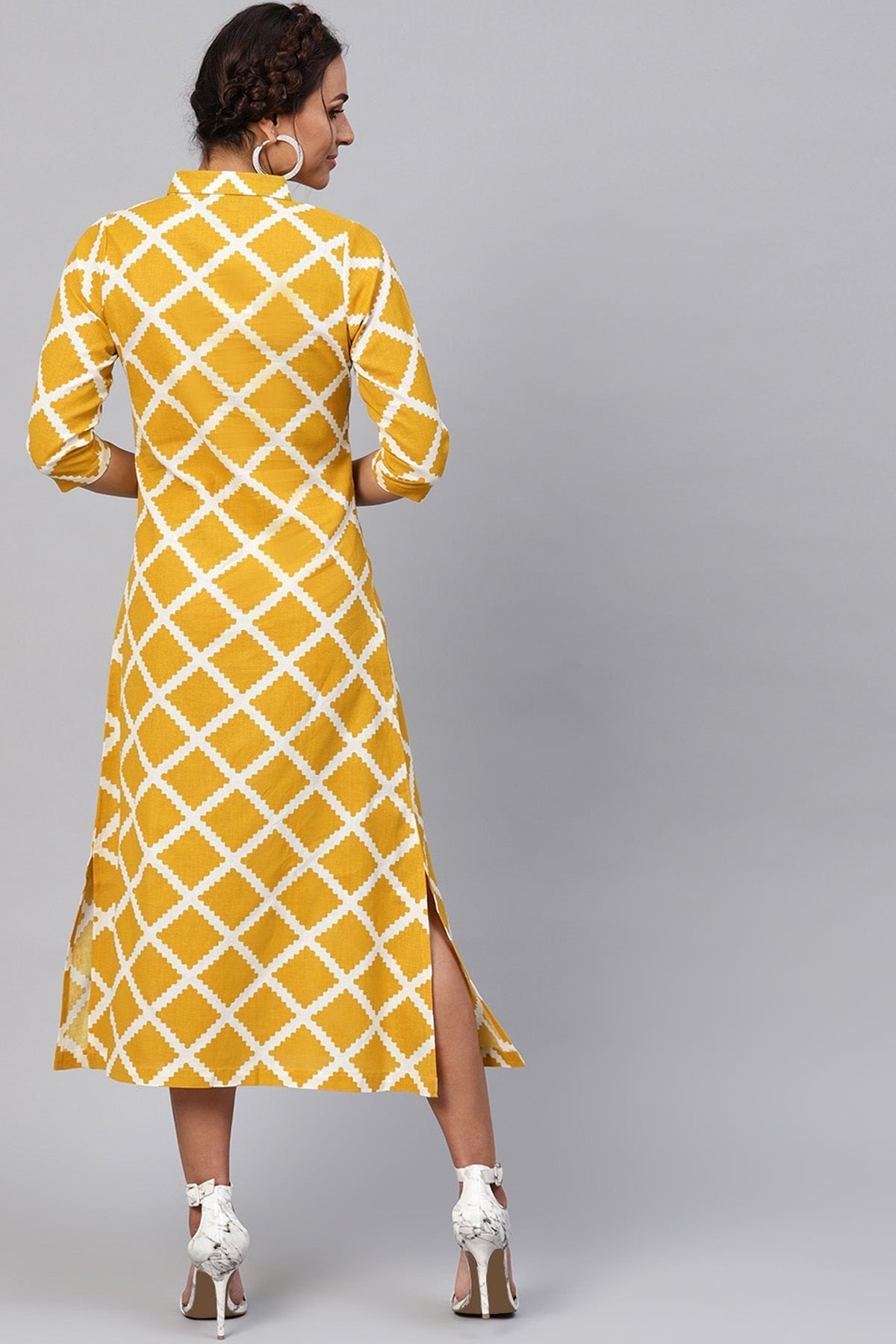 Women's Yellow & White Diamond Collared Shirt Maxi