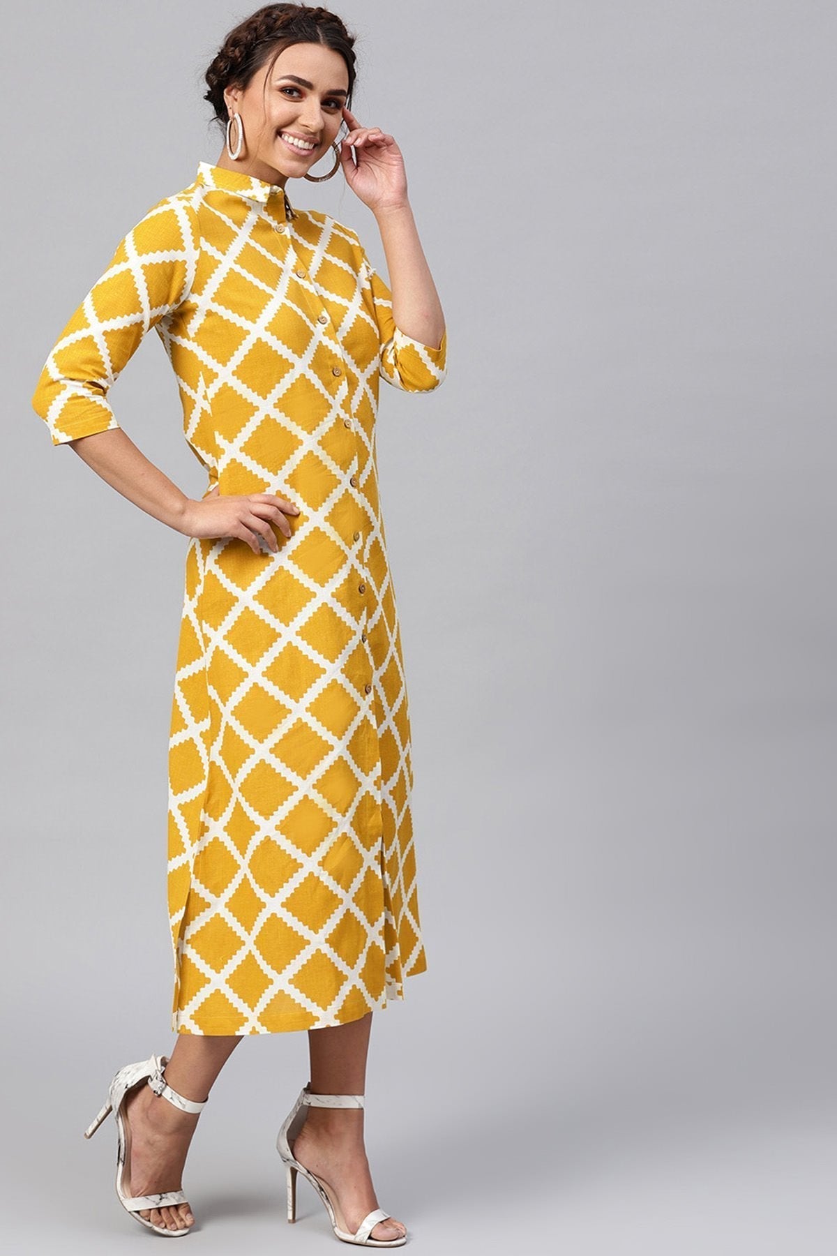 Women's Yellow & White Diamond Collared Shirt Maxi