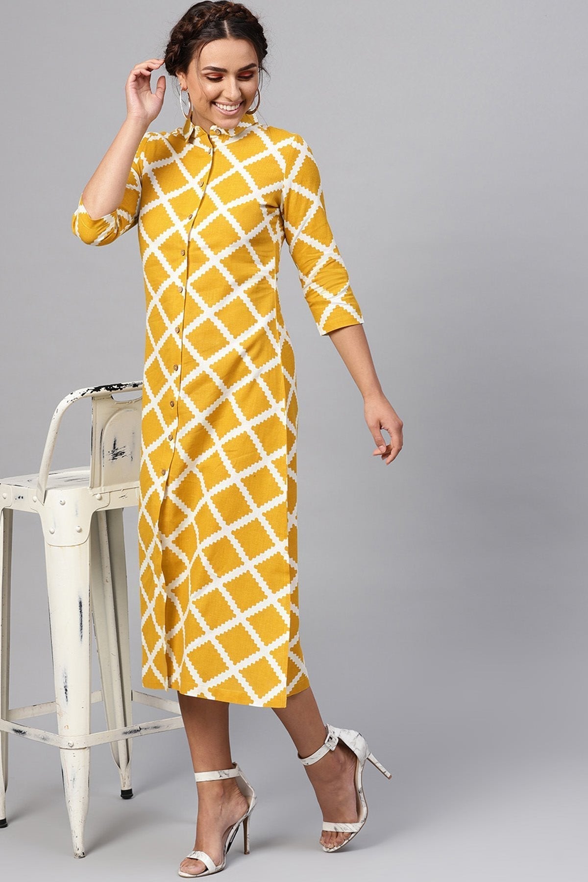 Women's Yellow & White Diamond Collared Shirt Maxi