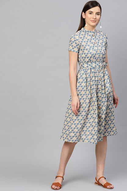 Women's Beige & Blue Floral Tie-Up Flared Midi
