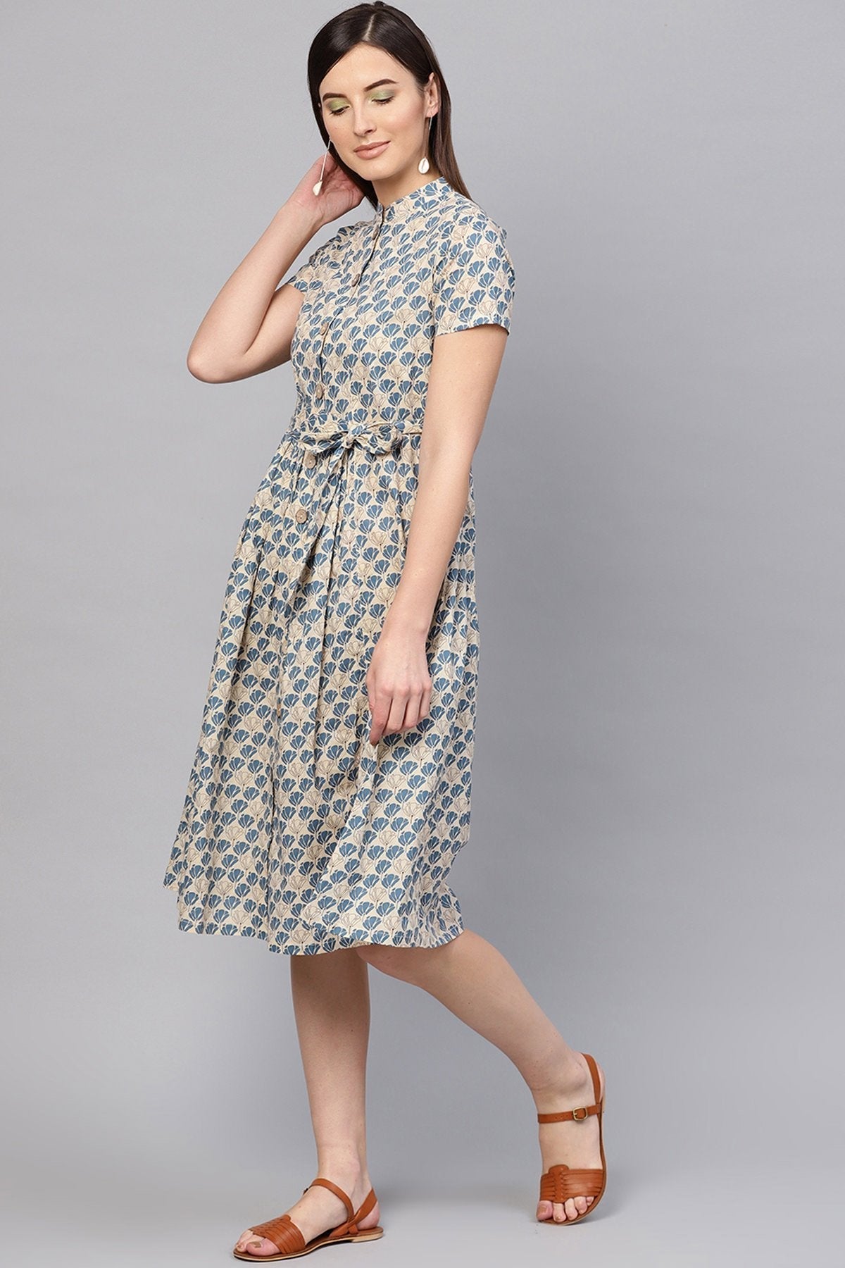 Women's Beige & Blue Floral Tie-Up Flared Midi