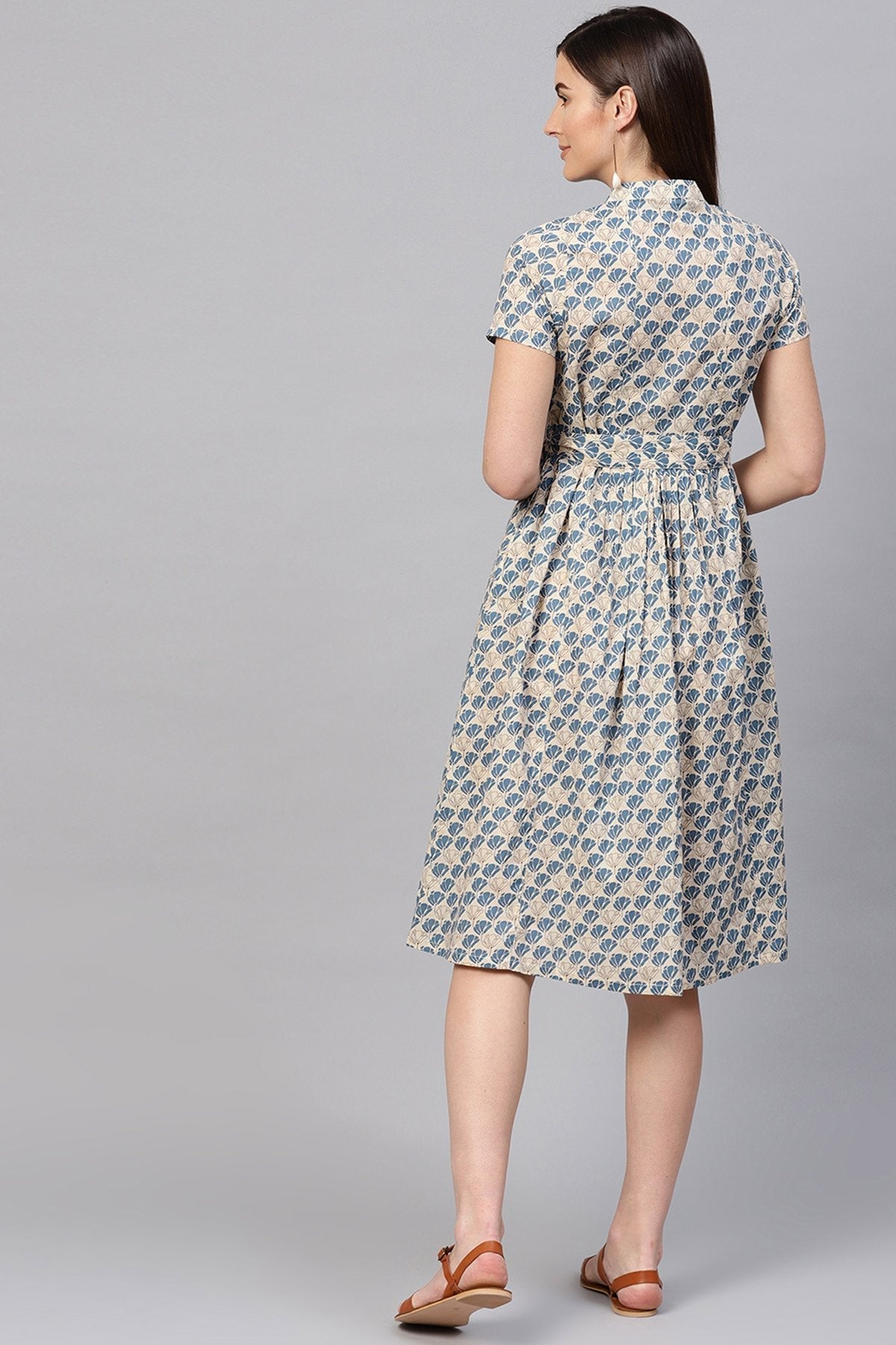 Women's Beige & Blue Floral Tie-Up Flared Midi