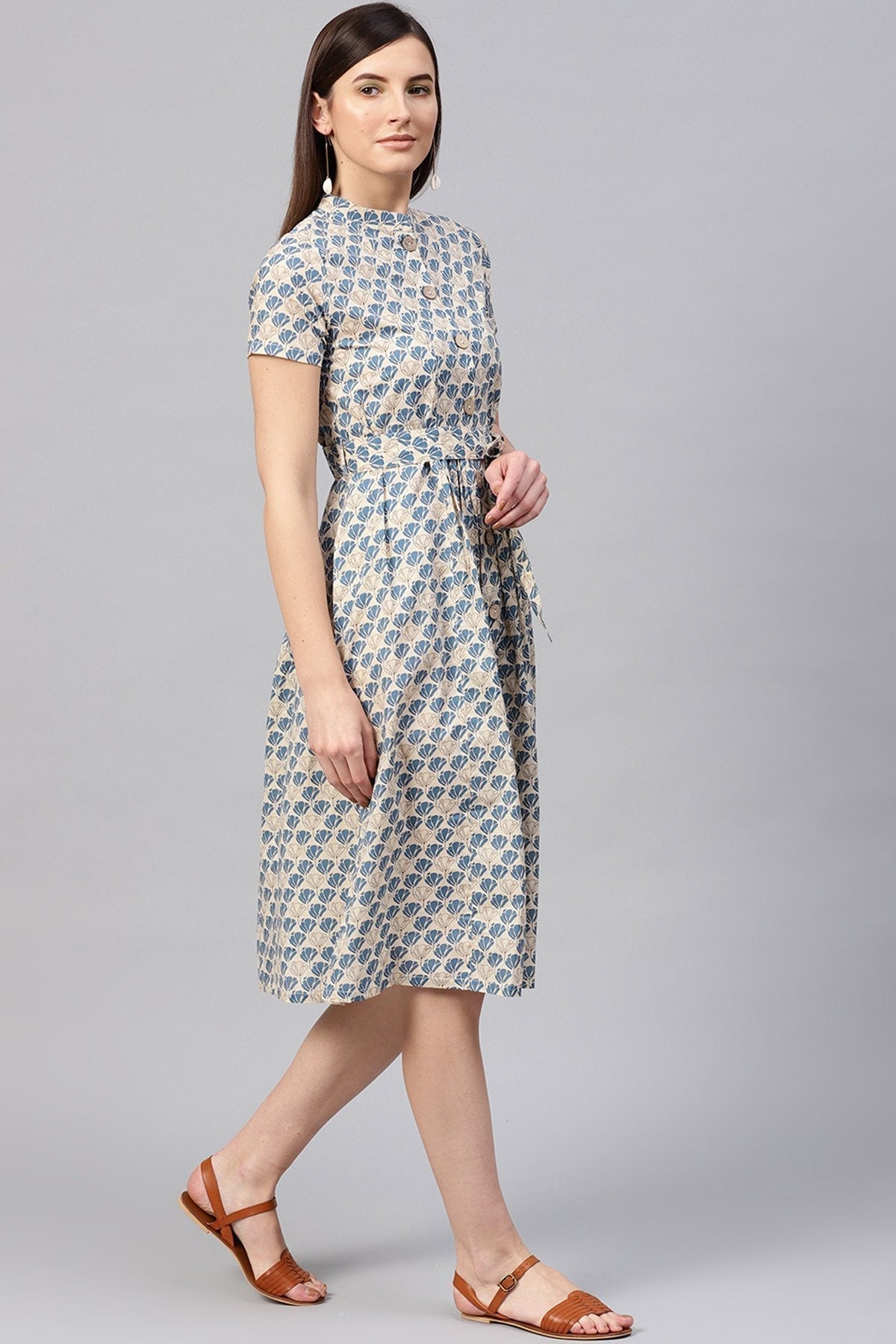 Women's Beige & Blue Floral Tie-Up Flared Midi