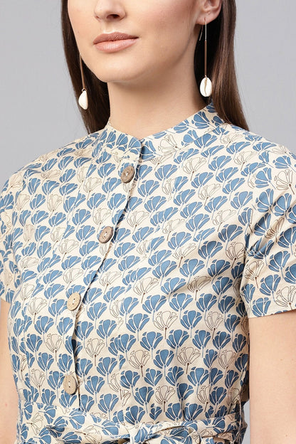 Women's Beige & Blue Floral Tie-Up Flared Midi