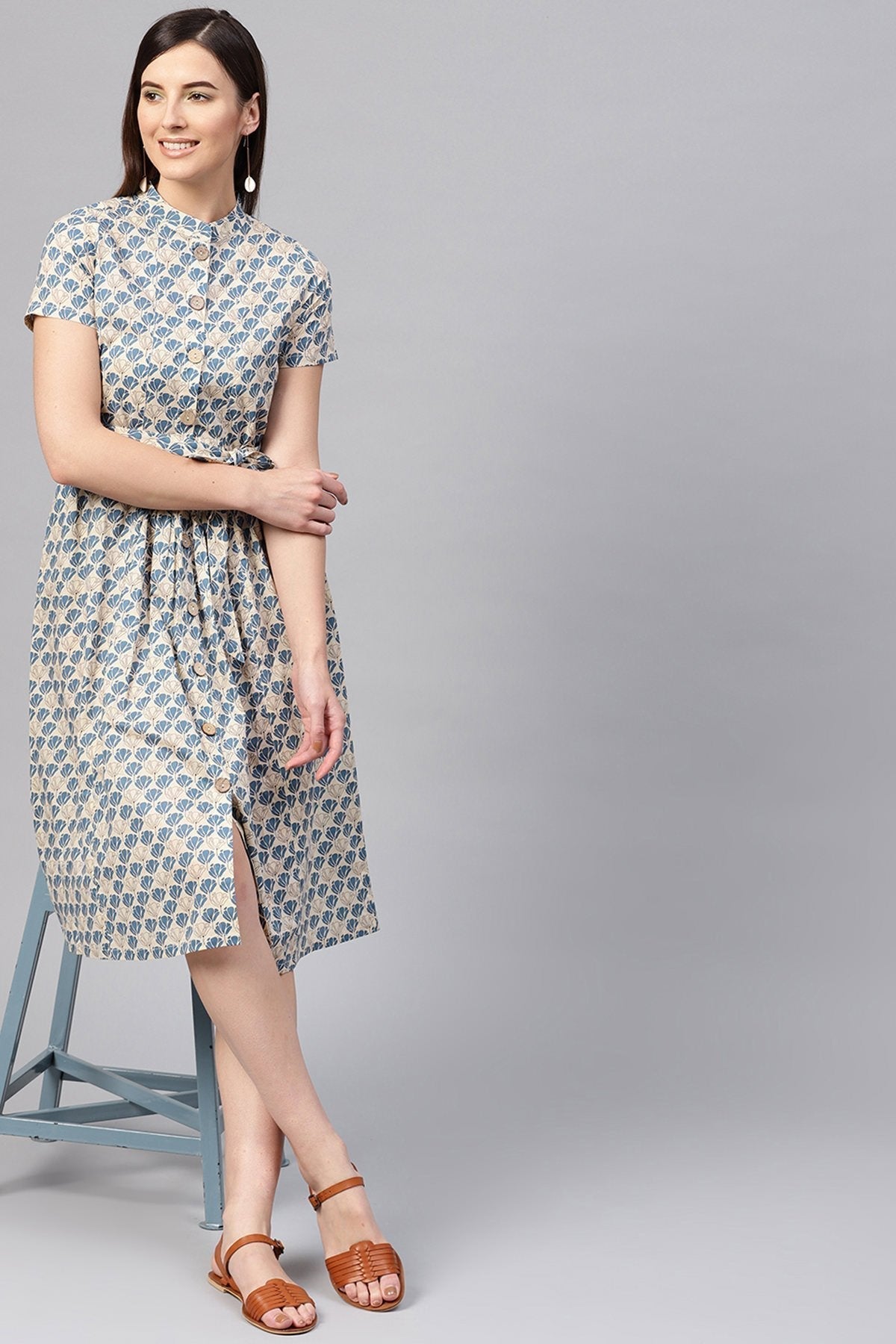 Women's Beige & Blue Floral Tie-Up Flared Midi