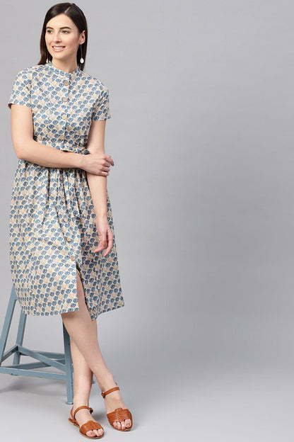 Women's Beige & Blue Floral Tie-Up Flared Midi