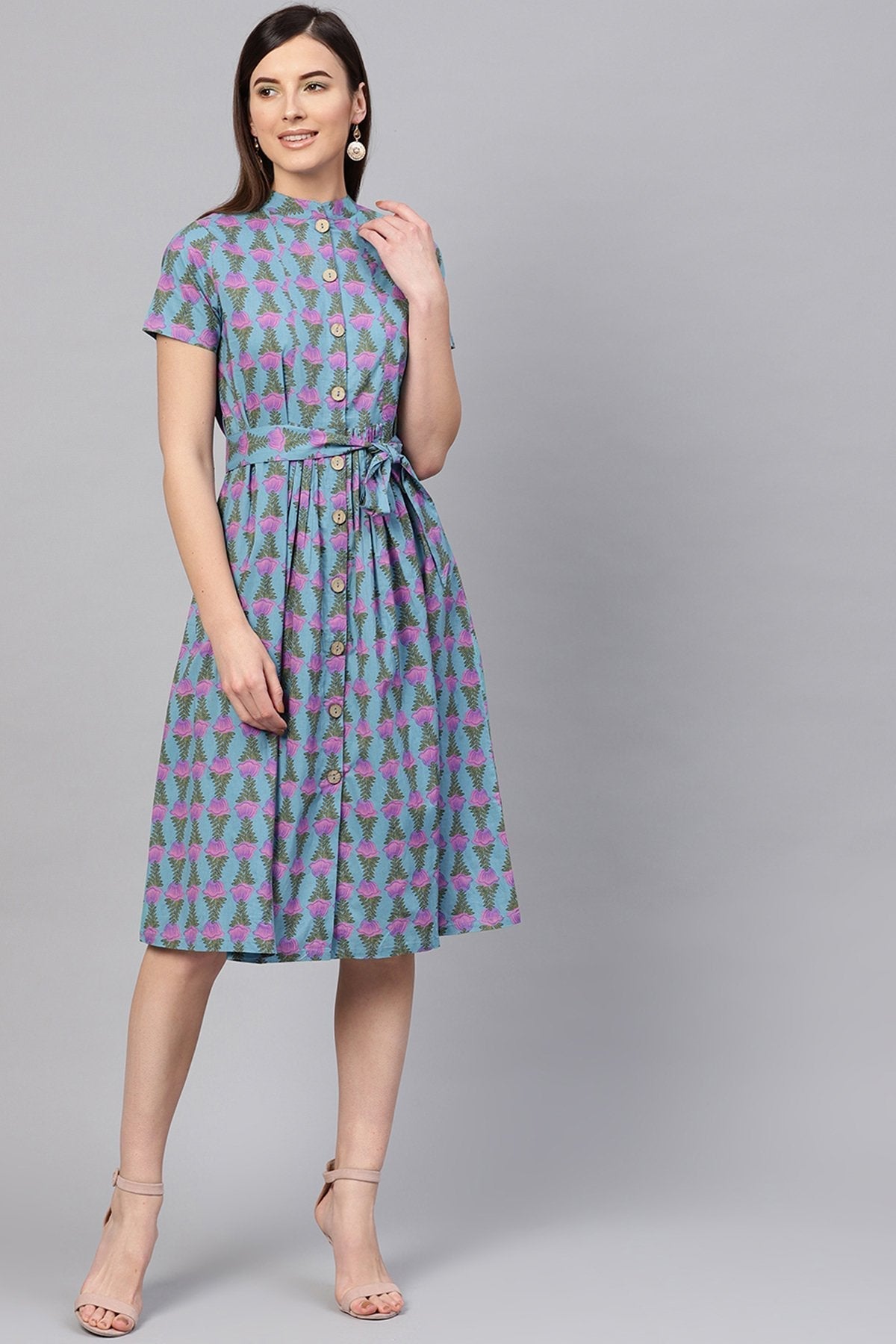 Women's Blue & Purple Tulip Tie-Up Flared Midi