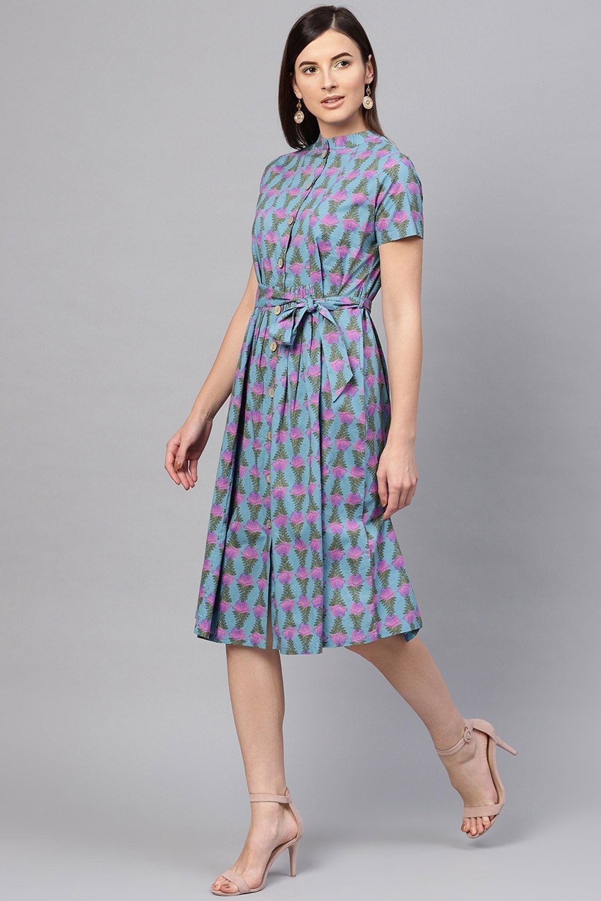 Women's Blue & Purple Tulip Tie-Up Flared Midi