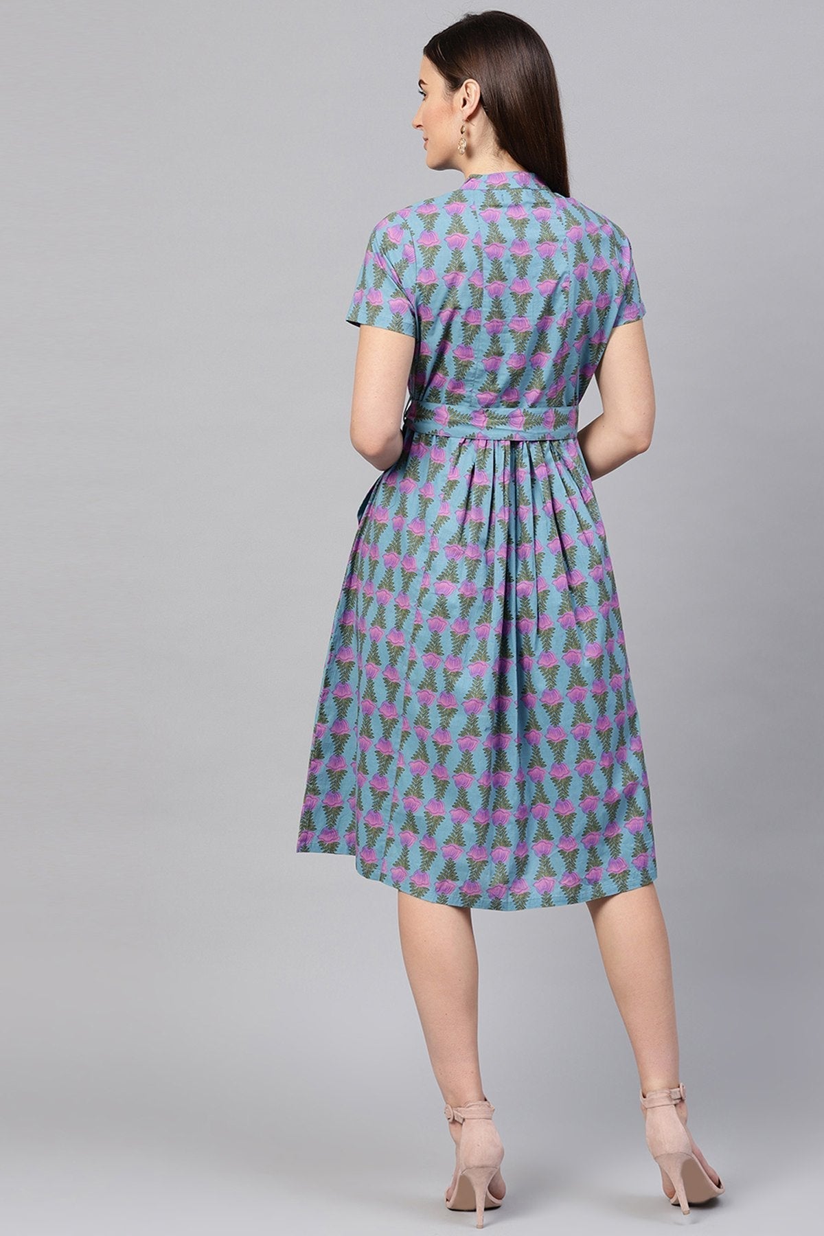 Women's Blue & Purple Tulip Tie-Up Flared Midi