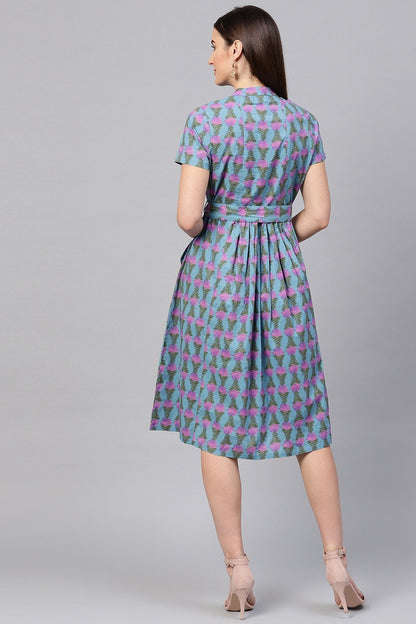 Women's Blue & Purple Tulip Tie-Up Flared Midi