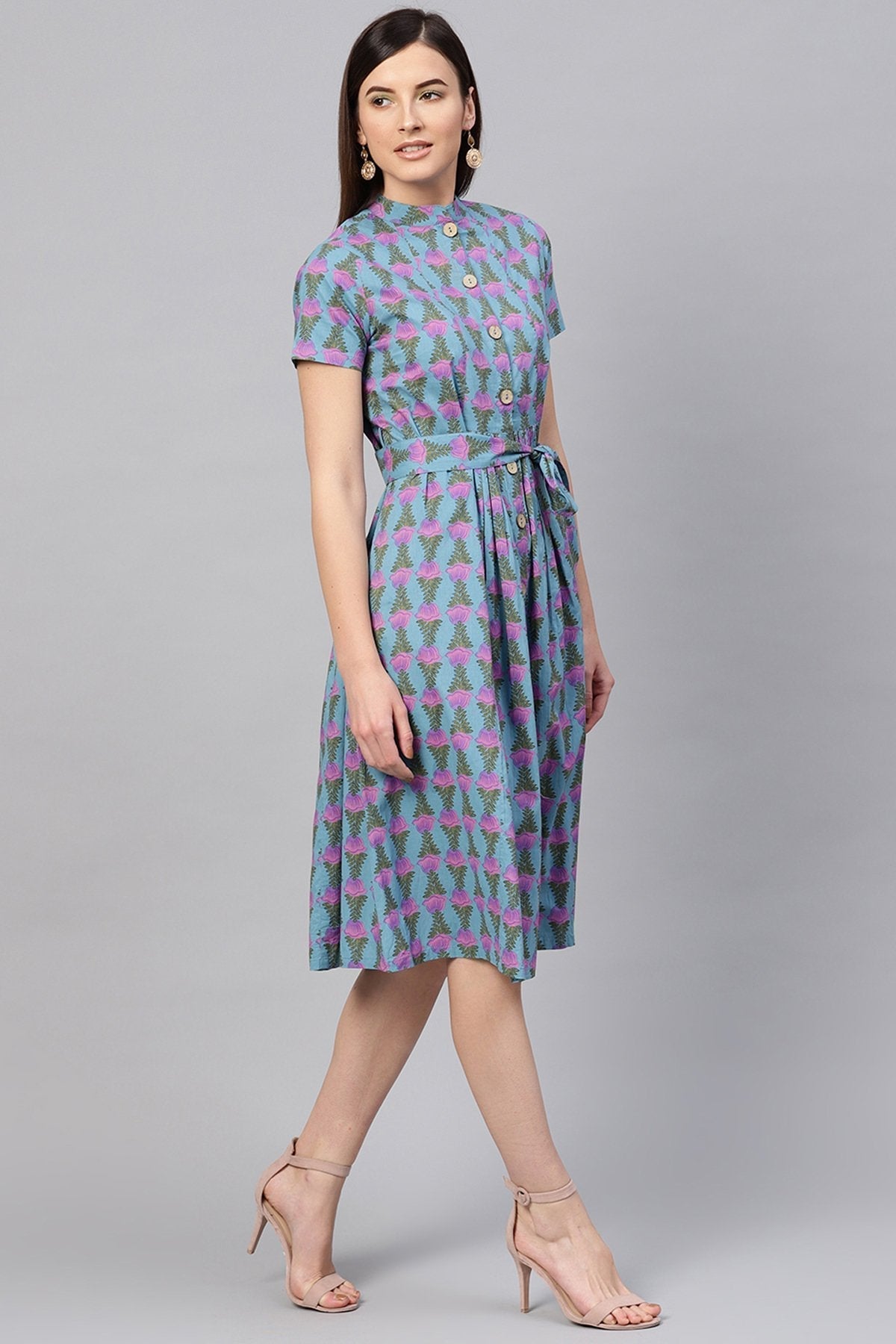 Women's Blue & Purple Tulip Tie-Up Flared Midi