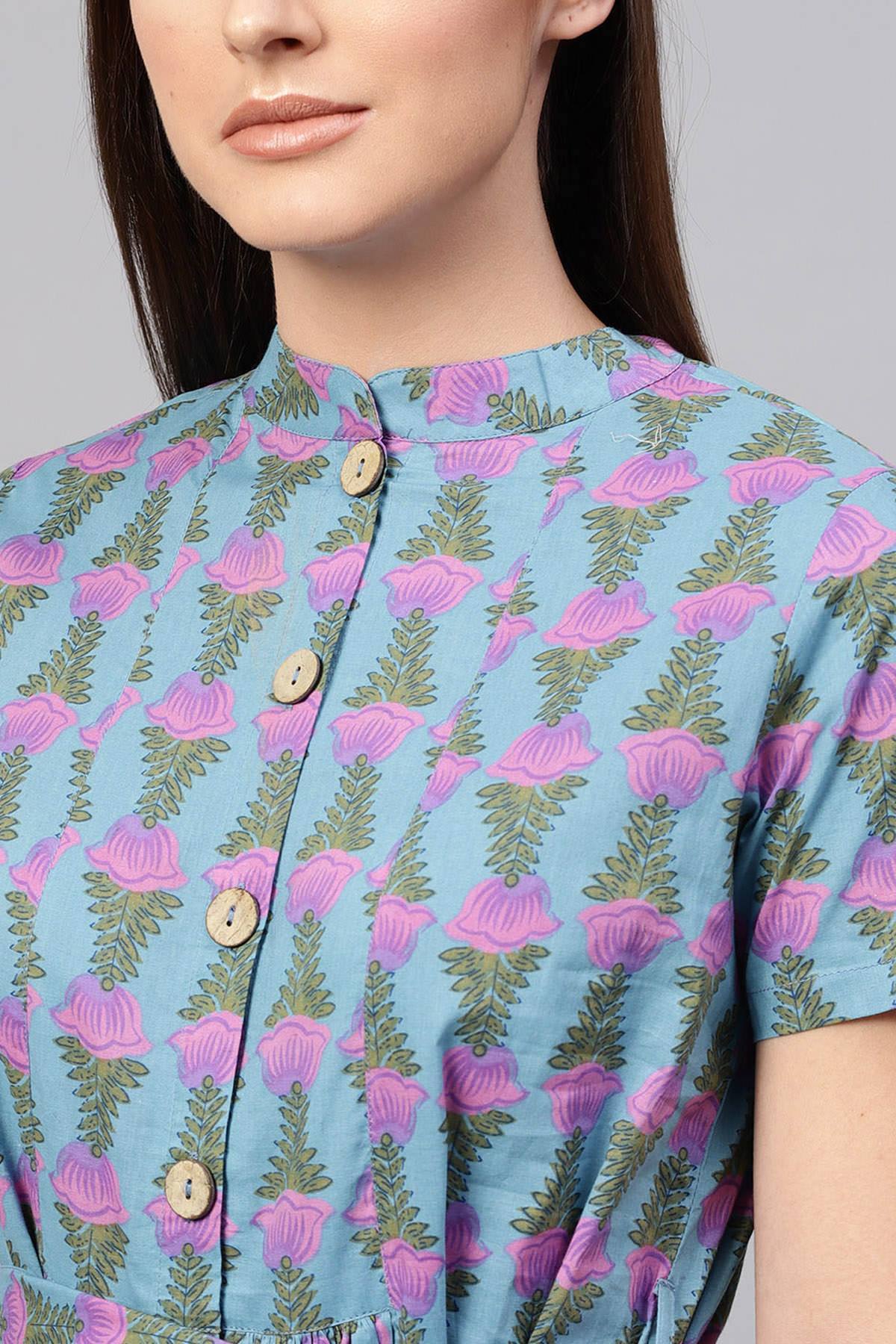 Women's Blue & Purple Tulip Tie-Up Flared Midi