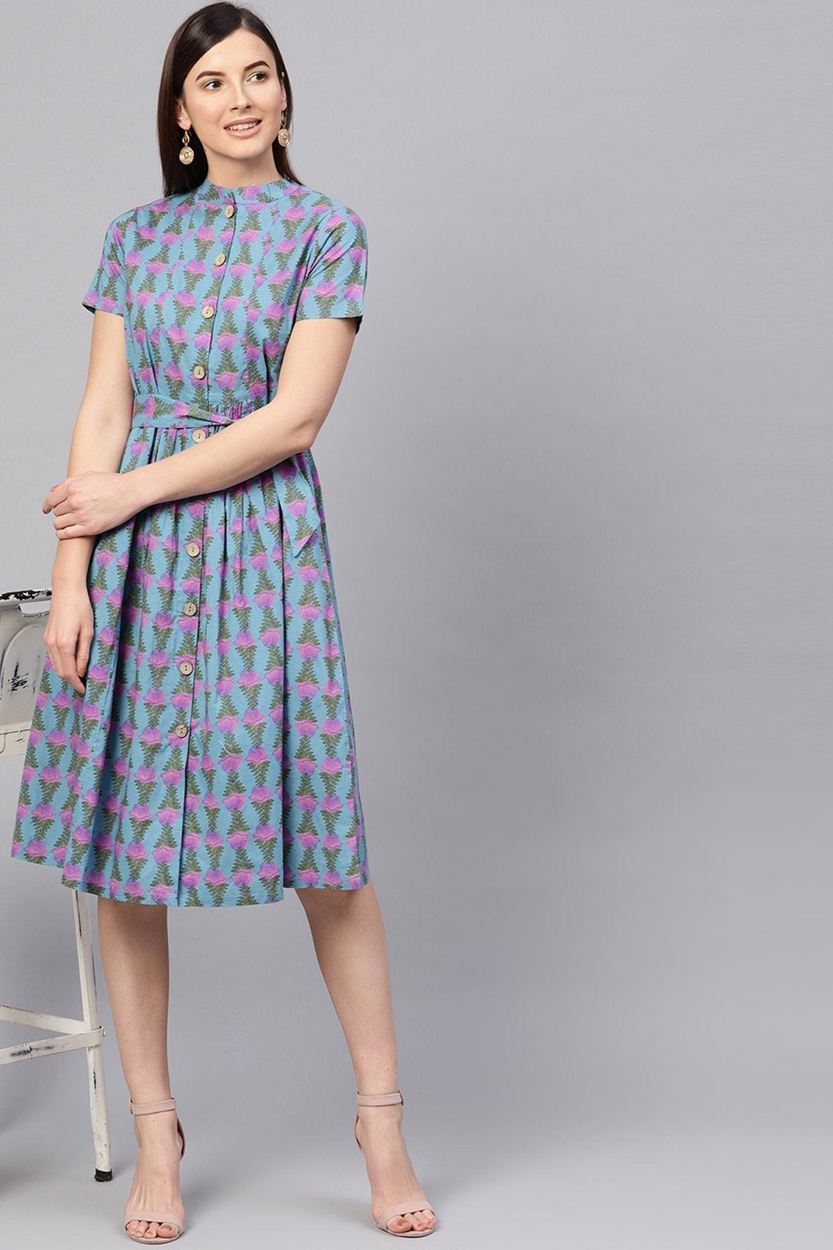 Women's Blue & Purple Tulip Tie-Up Flared Midi