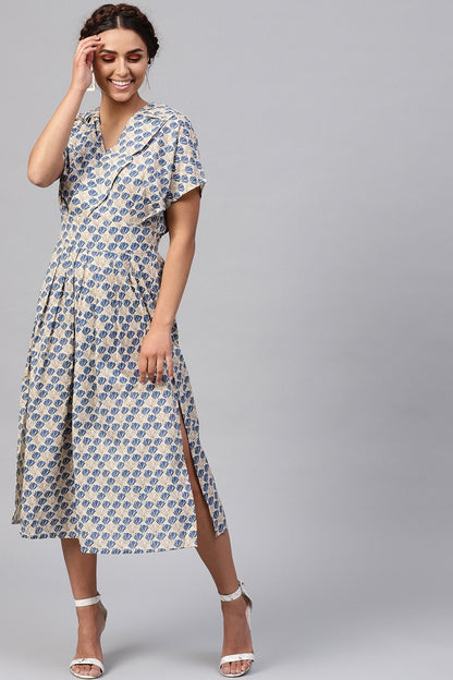 Women's Beige & Blue Floral Collared Midi
