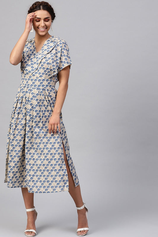 Women's Beige & Blue Floral Collared Midi