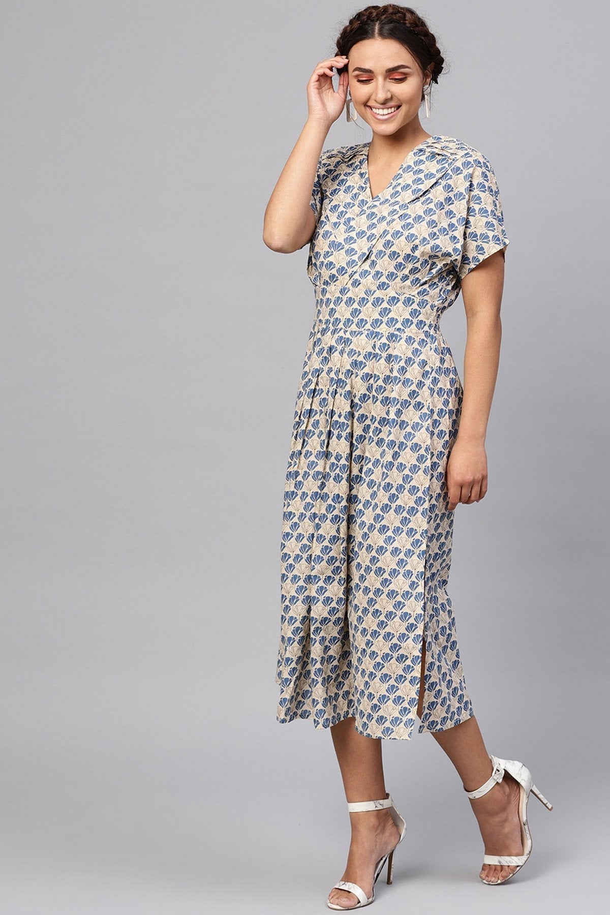 Women's Beige & Blue Floral Collared Midi