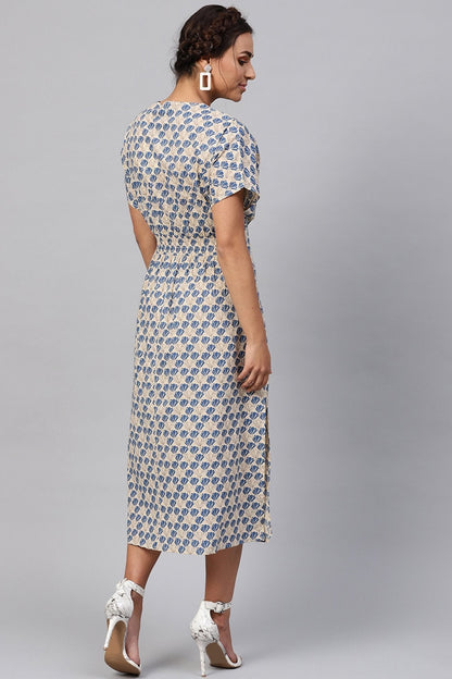 Women's Beige & Blue Floral Collared Midi
