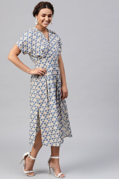 Women's Beige & Blue Floral Collared Midi