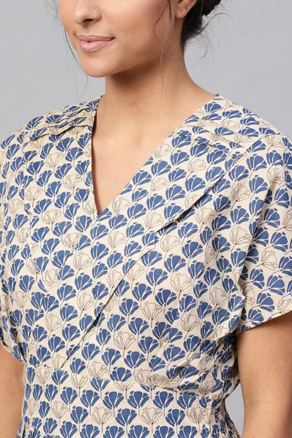 Women's Beige & Blue Floral Collared Midi