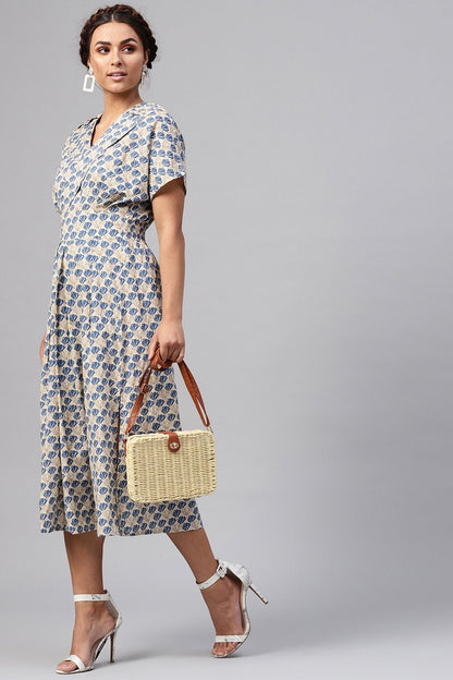 Women's Beige & Blue Floral Collared Midi