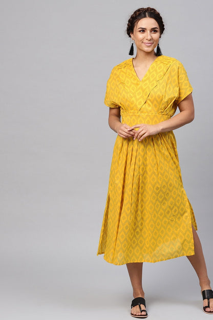 Women's Black & Yellow Ikat Collared Midi