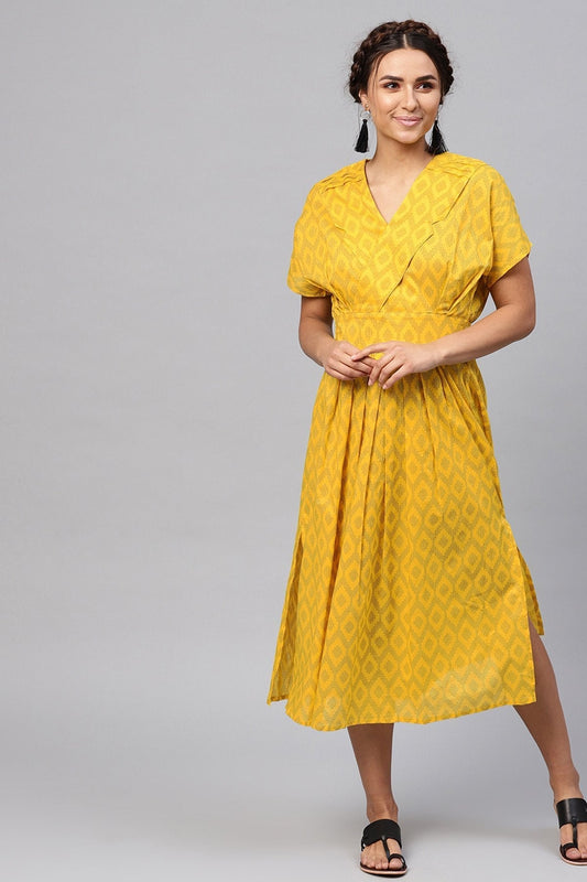 Women's Black & Yellow Ikat Collared Midi