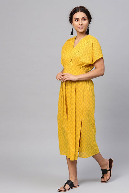 Women's Black & Yellow Ikat Collared Midi