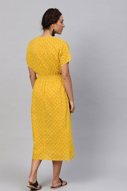 Women's Black & Yellow Ikat Collared Midi
