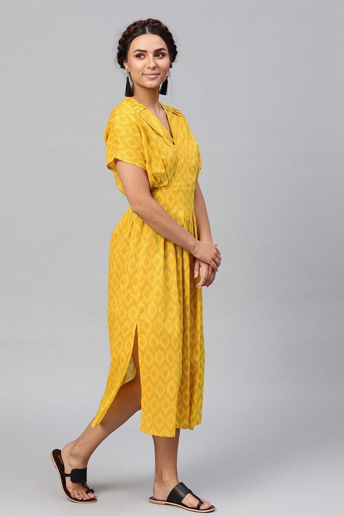 Women's Black & Yellow Ikat Collared Midi