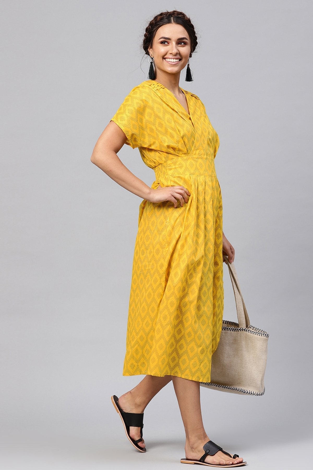 Women's Black & Yellow Ikat Collared Midi