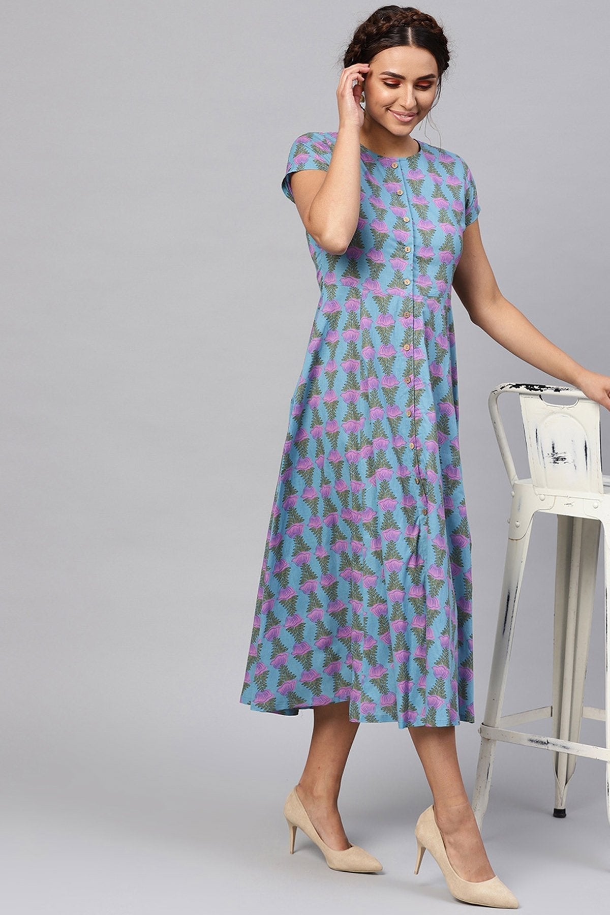 Women's Blue & Purple Tulip Print Midi