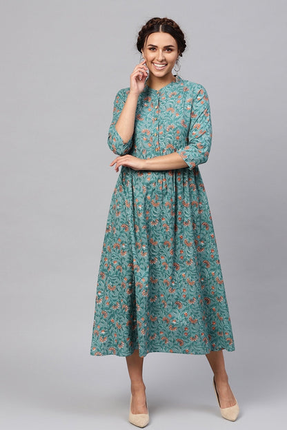 Women's Blue Floral Gathered Waist Dress