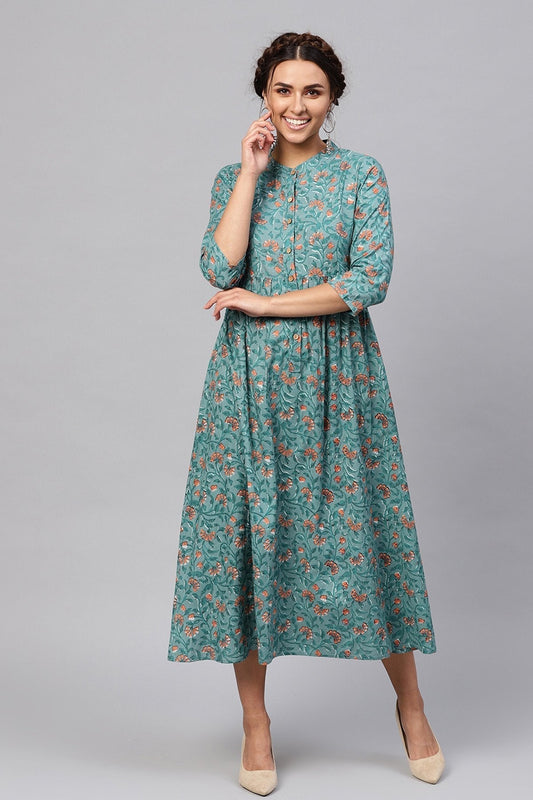 Women's Blue Floral Gathered Waist Dress