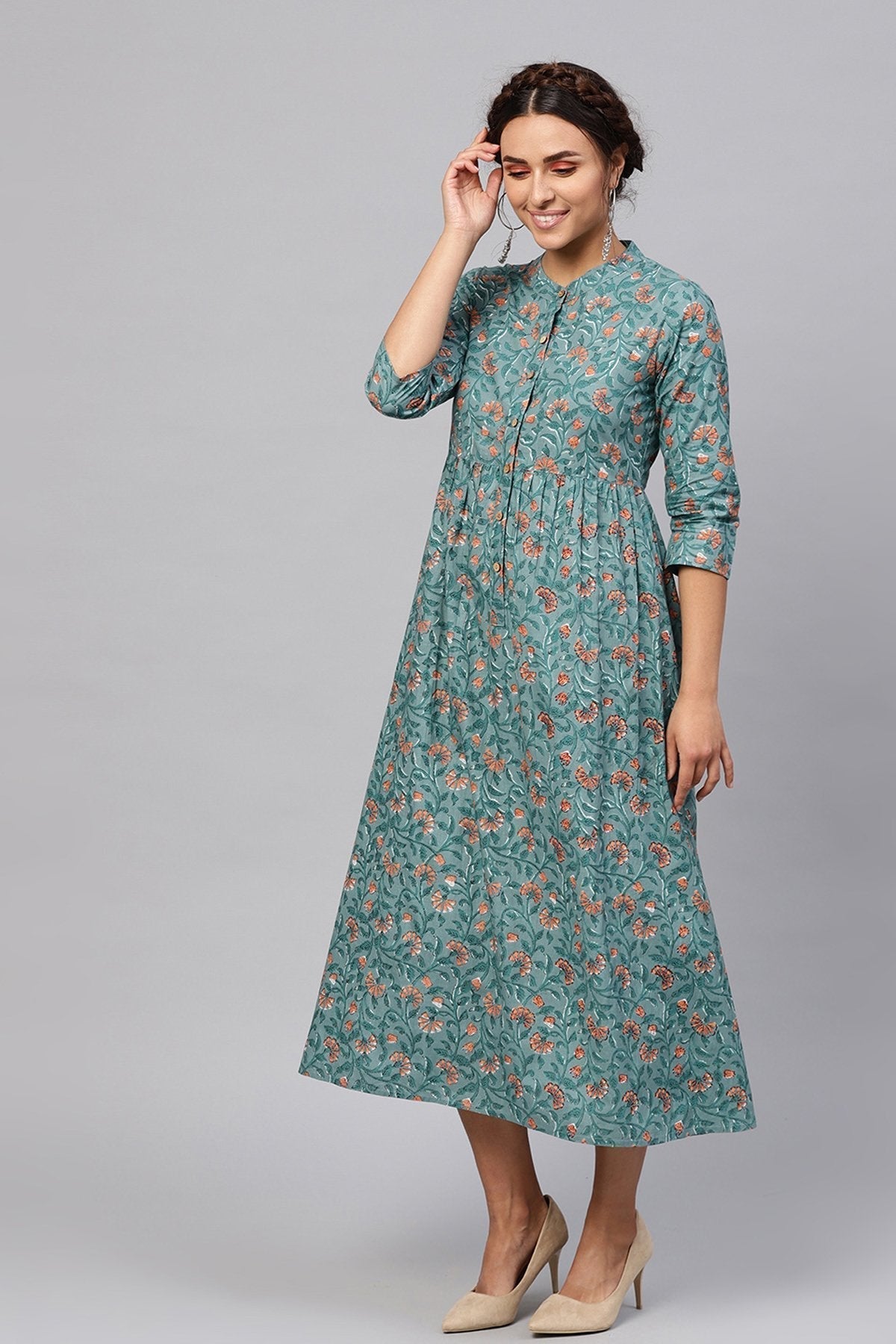 Women's Blue Floral Gathered Waist Dress