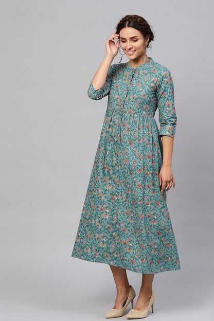 Women's Blue Floral Gathered Waist Dress