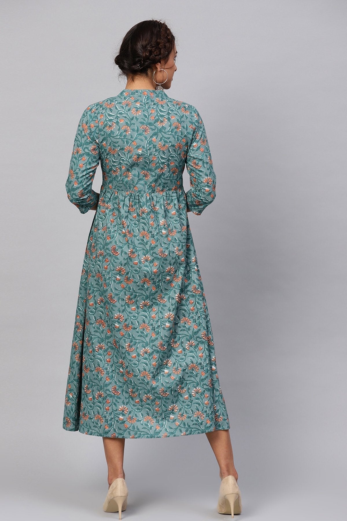 Women's Blue Floral Gathered Waist Dress